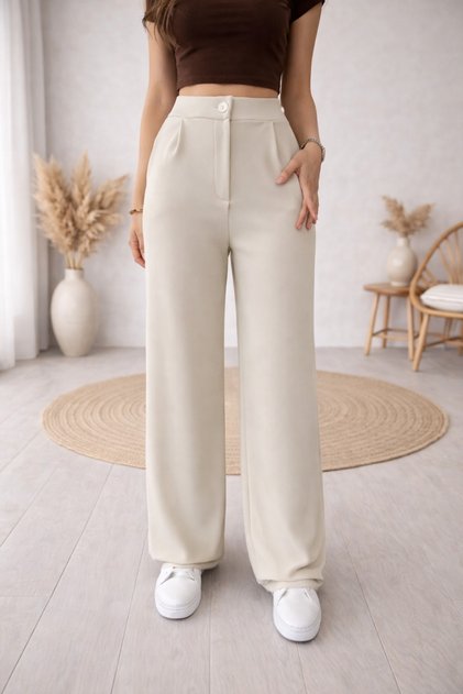 Scuba Fabric Beige High Waist Wide Leg Palazzo Trousers Stylish Gathering Women's Trousers