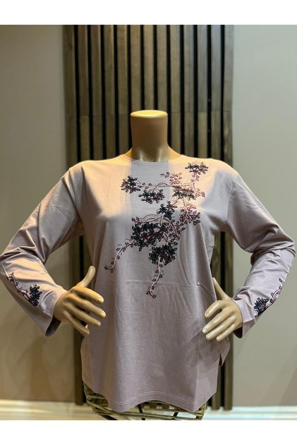 Women's Middle Age and Above Round-Neck Viscose Colorful Embroidered Stoned Lycra Mother Combed Cotton Blouse