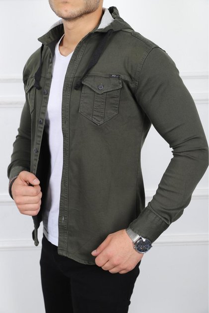 Men's Hooded Denim Shirt Slim Fit Khaki