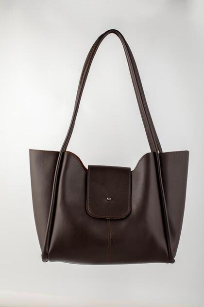 Brown Faux Leather Large Volume Shoulder Bag with Snap Fasteners