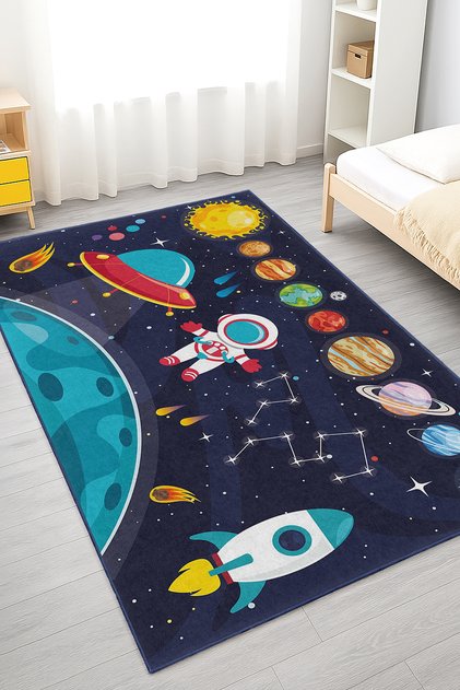 Uzay Temalı Astronot Ve Gezegen Desenli Yıkanabilir Kaymaz Taban Halı