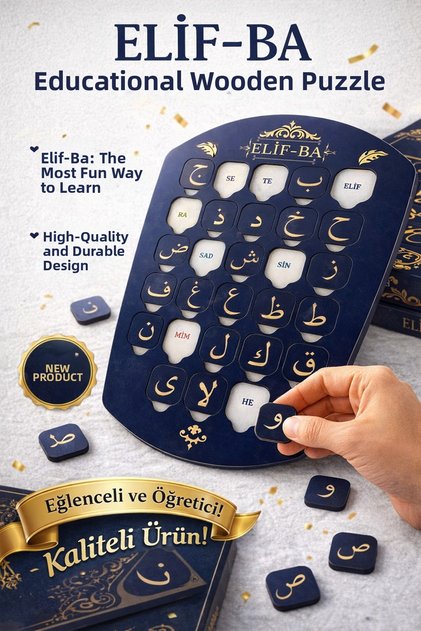 Elif-Ba Educational Wooden Puzzle |   Wooden Elifba Game for Teaching Letters |   29X21 cm |   3 cm Thick Letters