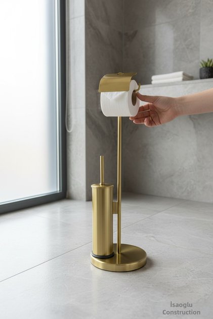Matte Gold Toilet Paper Holder and Toilet Brush Set with Stand Modern Bathroom Set Matte Gold Dore