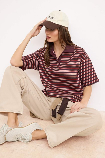 Burgundy Striped Oversized Fit Polo Collar Woven Detail Thick Interlock Knit T-Shirt TWOSS26TS00030
