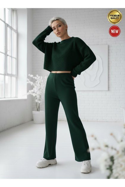 Women's Nefti Green Knitwear Trousers Single Bottom S-M-L Compatible Flexible One Size