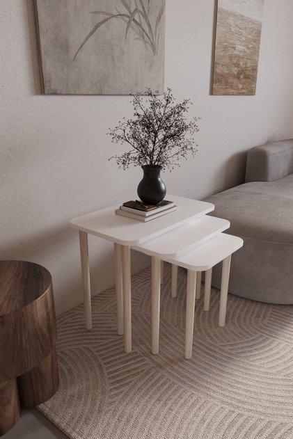 Dikdörtgen Zigon Sehpa 3'lü Set – Ahşap Ayaklı Modern Tasarım