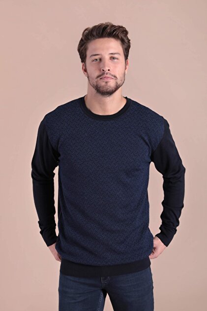 Crew Neck Superfine Wool Sweater - Navy Blue