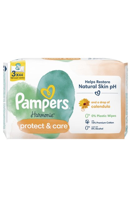 Șervețele umede Harmonie Protect & Care cu gălbenele, pachet de 3 x 44, 132 buc.