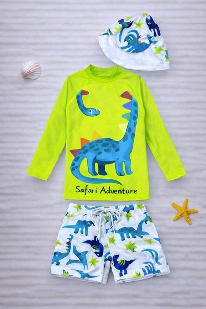 New Season Character Patterned Sun Protection Hat and Swim Shorts Children's Swimsuit Set (Set of 3)