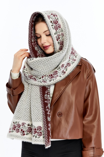 Special Beard Yarn Cashmere Textured Rose Model Knitwear Neck Shawl, Stone-Burgundy