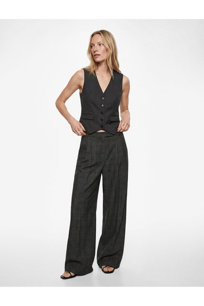 Wide Leg Pleated Plaid with Pockets Palazzo Pants