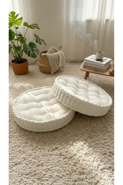 Krem Bisküvi Minder 2’li Set 60×60 cm – Yer Minderi, Salon & Balkon Oturma Minderi