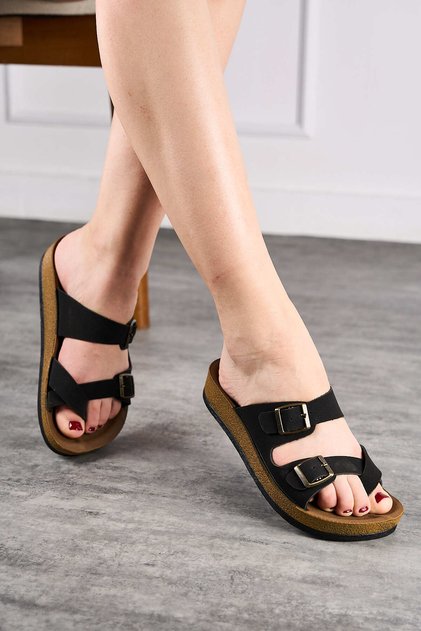 Daily Women's Black Slippers Single Toe Comfortable Cork Sole Buckle Adjustable Sandals 34162