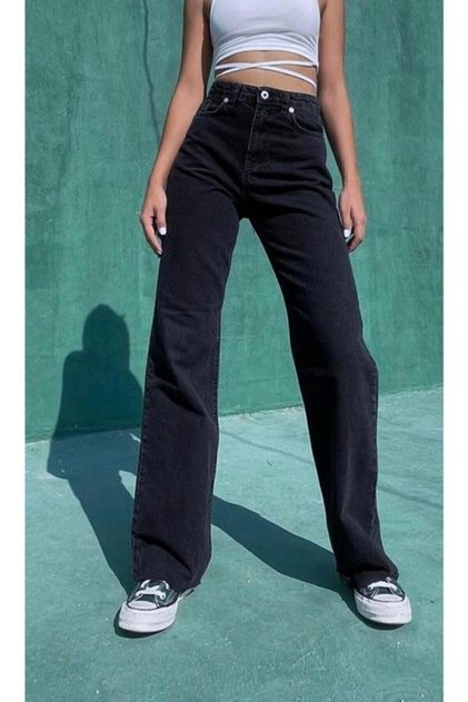 Unfading Black Lycra Super High Waist Loose Jean Palazzo Trousers. (SUPER HIGH.) Wide Leg.