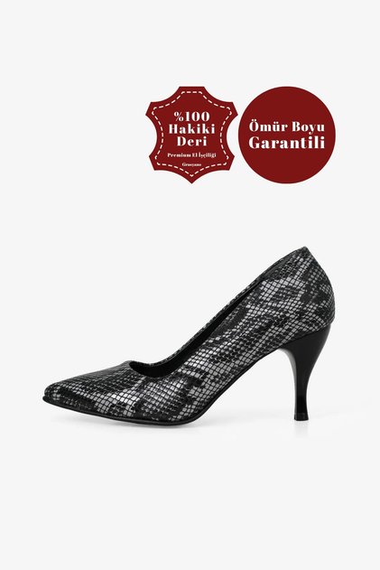 Hakiki Deri Siyah Yılan Desenli Yumuşak Çok Konforlu Özel El Yapımı 7,5 cm Zarif Stiletto Ayakkabı