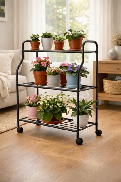 Modern Siyah 3 Katlı Metal Tekerlekli Mutfak Ve Dekoratif Saksılık Dayanıklı Raflı Stand-Organizer