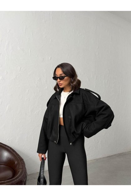 Oversize Kaşe Bomber Mont Siyah Siyah