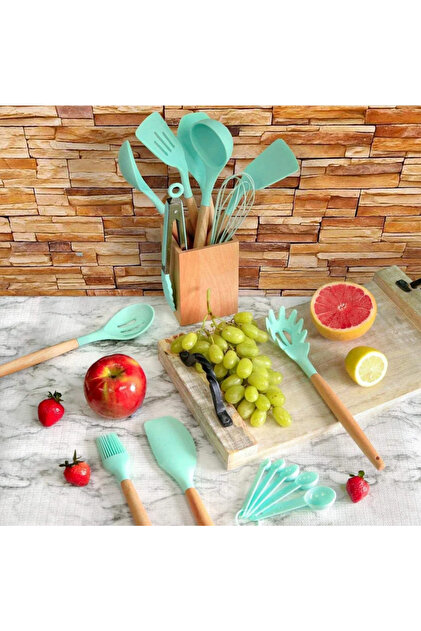 Heat Resistant Bamboo Handle Fireproof Non Stick No Odor 12 Piece Luxury Silicone Kitchen Set