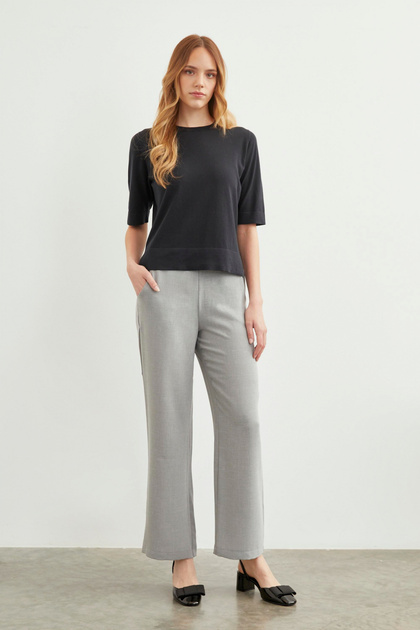 Gray Fabric Trousers with Bell Rubber Detail and Wide Legs P-0102