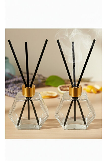 2 li Set Altıgen Cam Şişe Gold Kapaklı Fiber Bambu Çubuklu BOŞ Oda Kokusu Şişesi 2x50ml (3 çubuklu)
