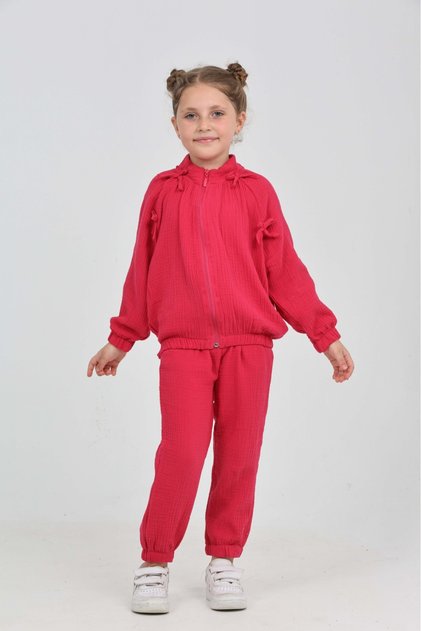 Set 2 piese pentru fete: Hanorac cu guler înalt și mâneci raglan cu fermoar și pantaloni jogger cu talie elastică