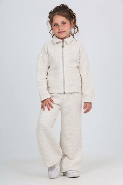 Girl's 2-Piece Set: Shirt Collar Zipper Pocket Sweatshirt & Elastic Waist Wide Leg Sweatpants