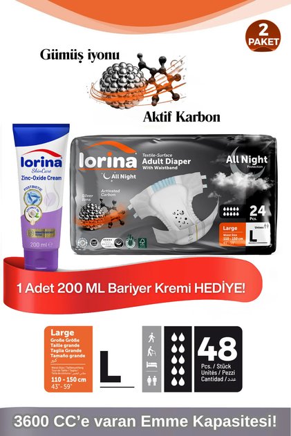 AllNight Aktif Karbonlu&Gümüş İyonlu Bel Bantlı Hasta Bezi Large 24’lü 2 Paket Bariyer Kremi Hediyel
