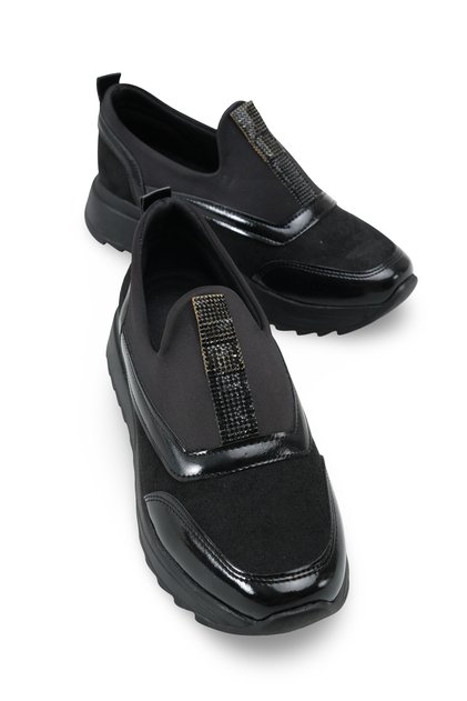 Galivona Black Black Women's Leather Laceless Thick Sole Detailed Stoned Casual Sports Shoes