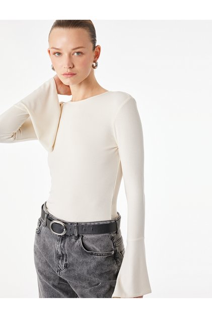 Slim Fit Bisiklet Yaka Uzun İspanyol Kollu Fitilli Bluz