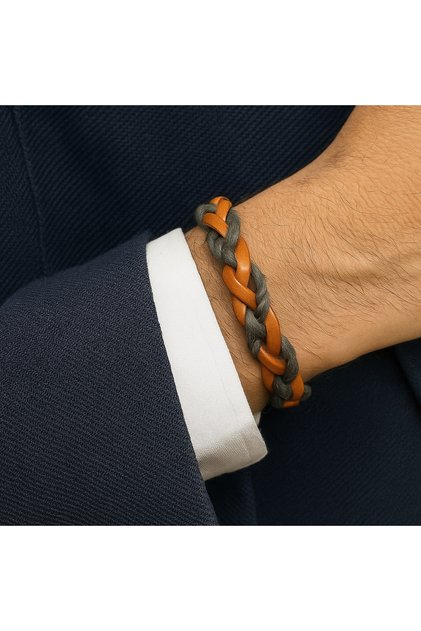 Tan and Khaki Mixed Color Genuine Leather Braided Men's Bracelet | Modern Design with Magnetic Metal Buckle