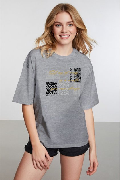 Women's Zebra and Leopard Detailed Crew Neck Gray T-Shirt