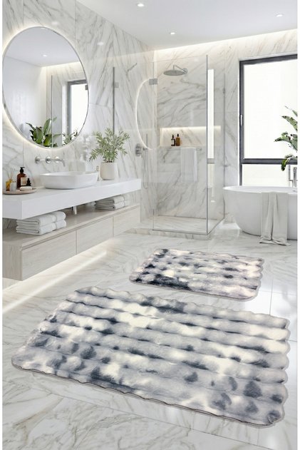Bubble Rabbit Hair, Non-Slip Base, Fluffy, Ultra-Luxury, Washable 2-Piece Bath Mat