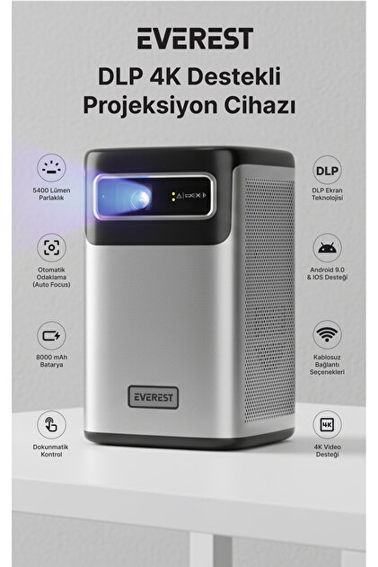 Everest PJ-DLP21 Gri 8000mAh Odaklamalı 960-540 4K 5400 Lümen
