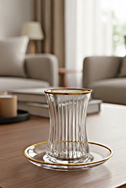 Duru Upright Cut Shiny Decorated Matte Gold Hand Embroidered 12 Piece Tea Set