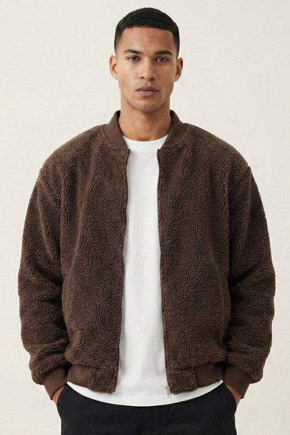 Erkek Mont Peluş İçi Astarlı Oversize Geniş Kalıp Sherpa Kuzu Kumaş Spor Mont