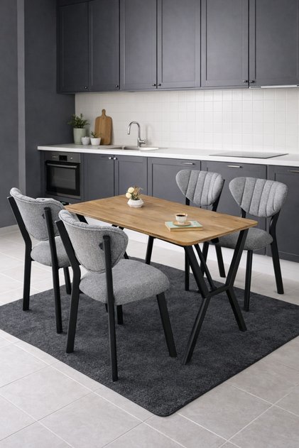 Masa Sandalye Takımı, 4 Sandalye 1 Sabit Ceviz Masa 110x70 Cm, Keten Kumaş