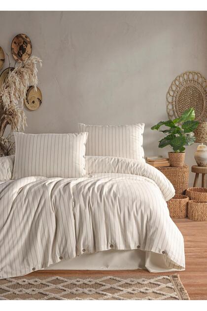 100% Organic Cotton Washed Striped Double Duvet Cover Set - Naturali̇s Series