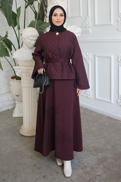 Bordo Kuşaklı Ceket Etekli Takım