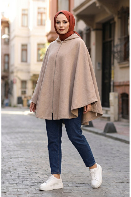 Hooded Zippered Winter Knitted Poncho 0241-03 Mink