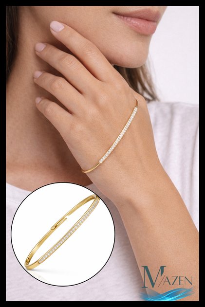Gold Zircon Stone Handcuff Bracelet | Stylish Hand-Held Design