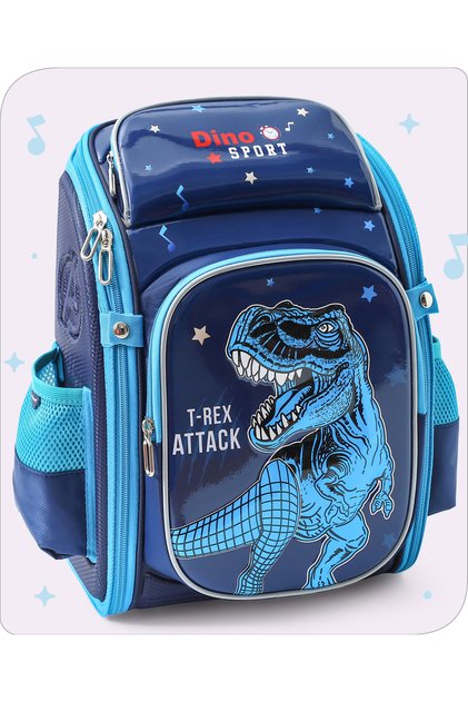 Dino Theme Backpack, 1 Main Compartment, 2 Front Pockets, 2 Bottle Pockets, 6 Years+, Blue -