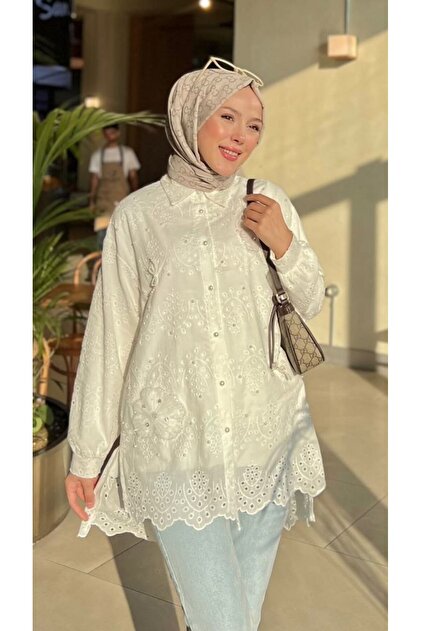 Embroidered Lace Hijab Tunic, Floral Patterned Beaded Scallop Hijab Shirt