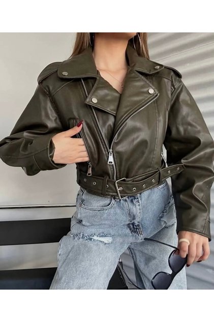 Jachetă biker din piele oversized, cu curea