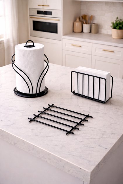 Black Swan Napkin Holder, Cage Napkin Holder, Nihale Black 3-Piece Kitchen Presentation Set