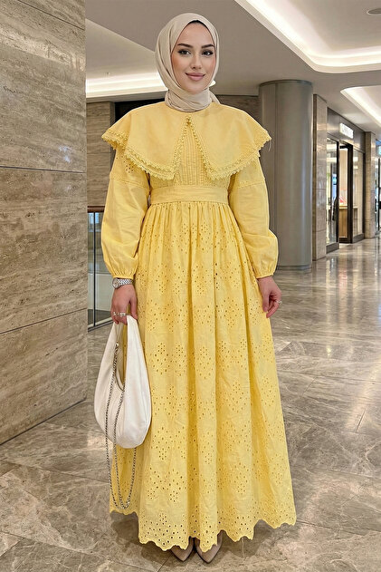 FERHEL Women's Cape Collar Lace Detailed Hijab Elegant Dress Yellow-  Trendyol