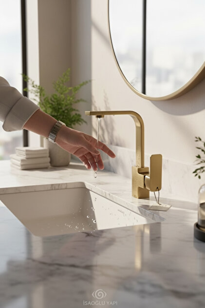 Mat Gold Lavabo Bataryası Yüksek Model 360 Derece Dönebilen Fırçalı Altın Lavabo Lavabo Armatürü