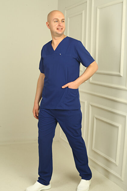Men's Envelope Collar Terycotton Scrubs Set - Cobalt Blue
