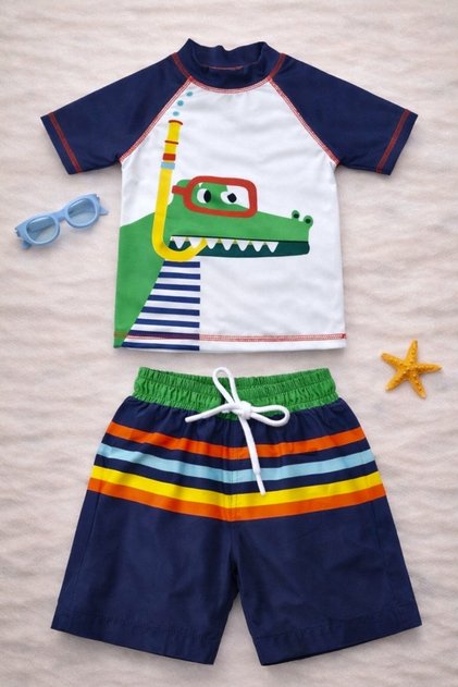 New Season Cute Character Printed Two-Piece Diving Fabric -Uv Protected-Boy'S-Shorts-Swimsuit