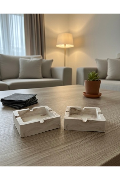 2'li Özel Tasarım Mermer Desenli Kare Küllük Seti - Minimalist Dekoratif Kül Tablası