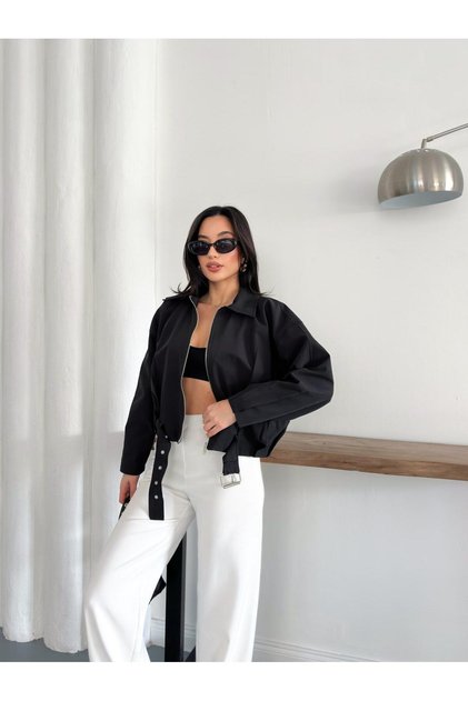 Kadın Kemerli Fermuarlı Oversize Kısa Bomber Ceket